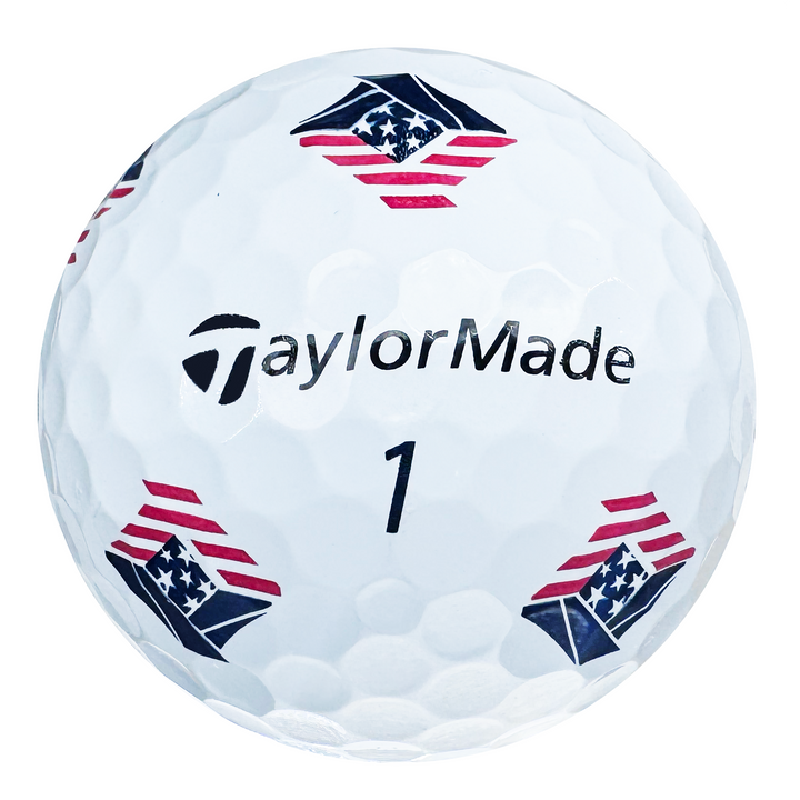 TaylorMade Pix golf ball with red, white and blue USA flag Pix graphics, showing the logo and number