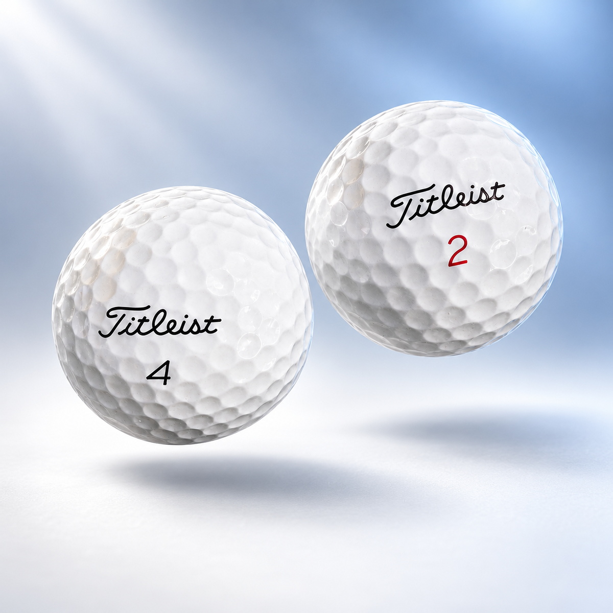 Two white Titleist golf balls floating in soft light