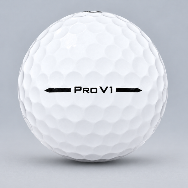 White Titleist Pro V1 golf ball showing the side stamp, on a silver background