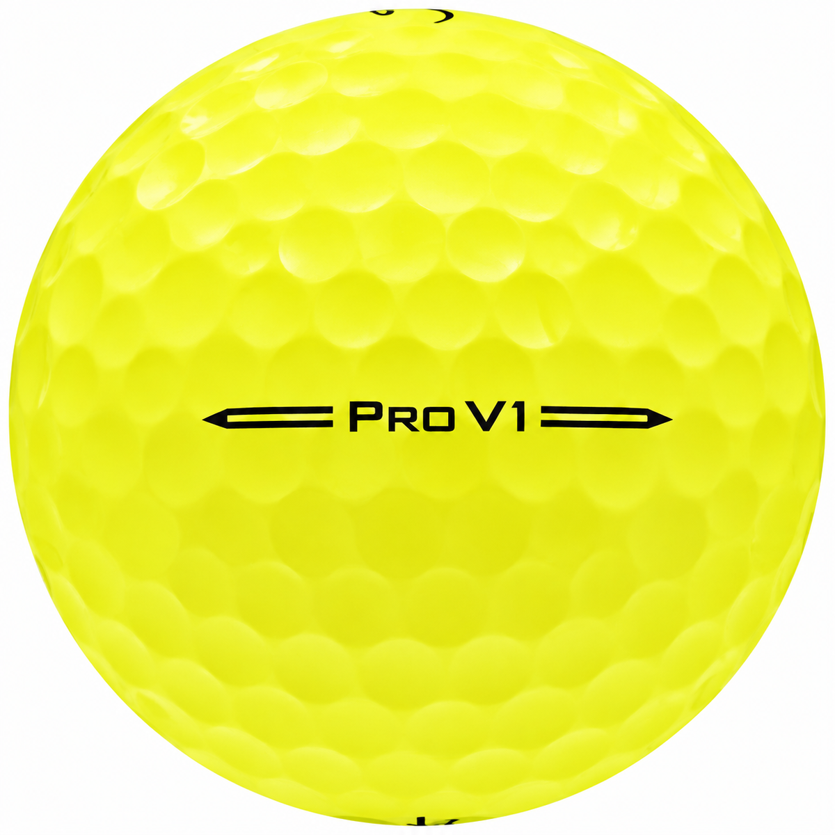 Titleist Pro V1 golf ball in yellow, showing the side stamp and alignment line