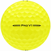 Titleist Pro V1 golf ball in yellow, showing the side stamp and alignment line