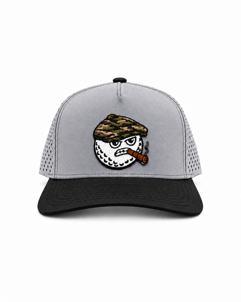 Peaky snapback hat in grey with a black brim and the MGB mascot patch, front view