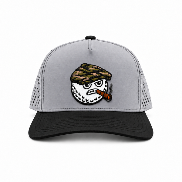 Peaky snapback hat in grey with a black brim and the MGB mascot patch, front view