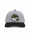 Peaky snapback hat in grey with a black brim and the MGB mascot patch, front view
