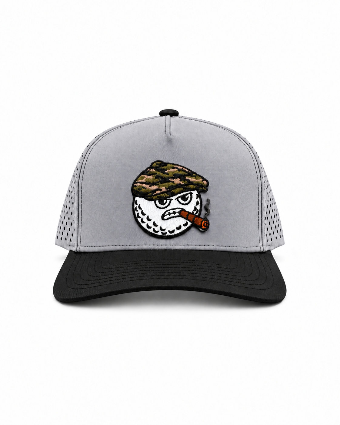 Peaky snapback hat in grey with a black brim and the MGB mascot patch, front view