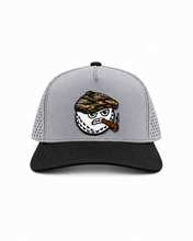 Peaky snapback hat in grey with a black brim and the MGB mascot patch, front view