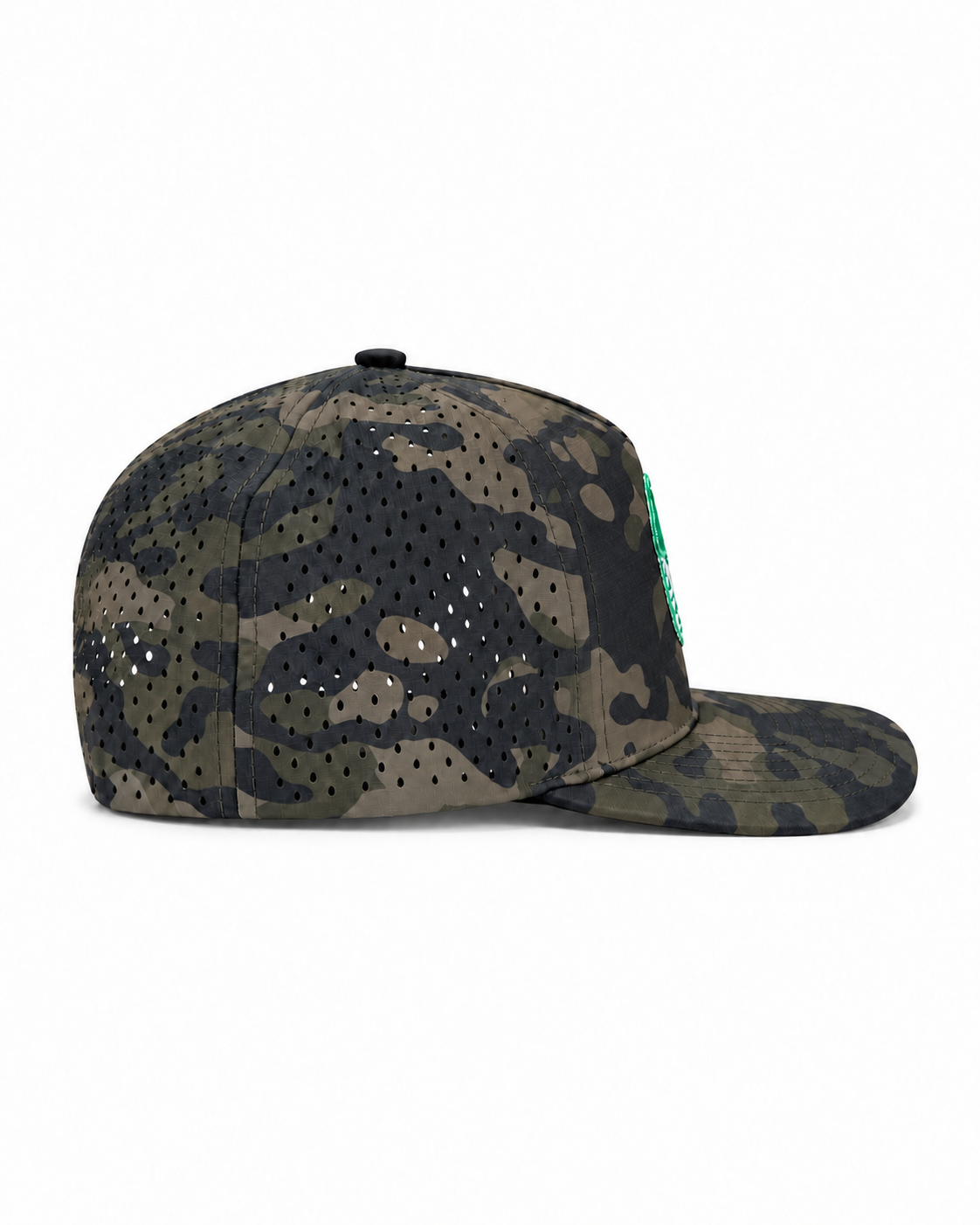 Peaky snapback hat in olive camo with a perforated side panel, side view