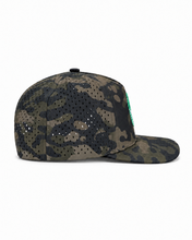 Peaky snapback hat in olive camo with a perforated side panel, side view