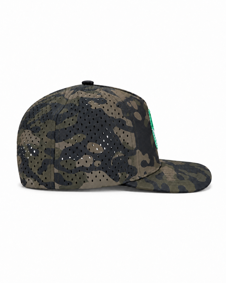 Peaky snapback hat in olive camo with a perforated side panel, side view