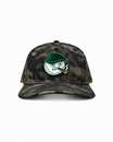 Peaky snapback hat in olive camo with the MGB mascot patch, front view