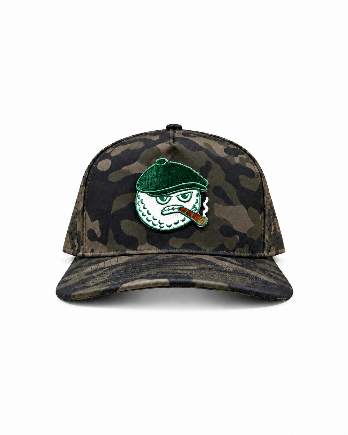 Peaky snapback hat in olive camo with the MGB mascot patch, front view