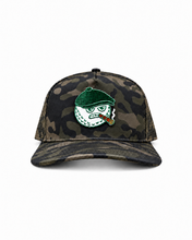 Peaky snapback hat in olive camo with the MGB mascot patch, front view