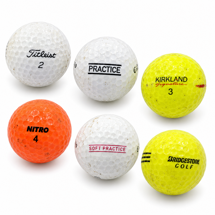 Six assorted practice golf balls, including Titleist, Kirkland, Nitro and Bridgestone