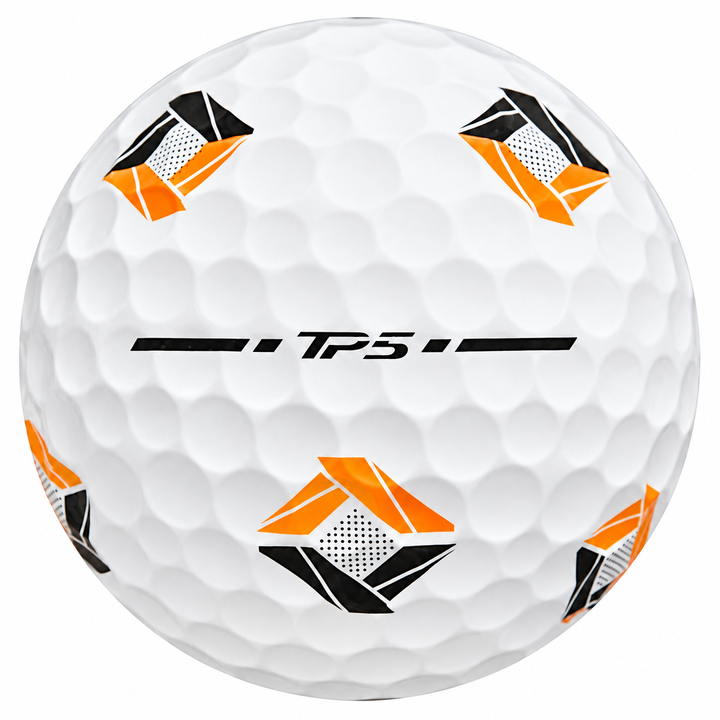 TaylorMade TP5 Pix golf ball with blue and orange Pix graphics, showing the TP5 alignment stamp