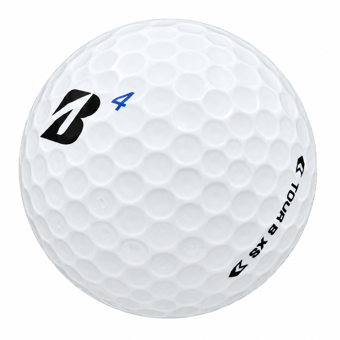 Bridgestone Tour B XS golf ball in white, showing the logo and number