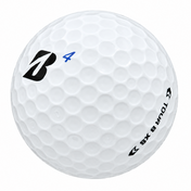Bridgestone Tour B XS golf ball in white, showing the logo and number
