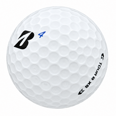 Bridgestone Tour B XS golf ball in white, showing the logo and number