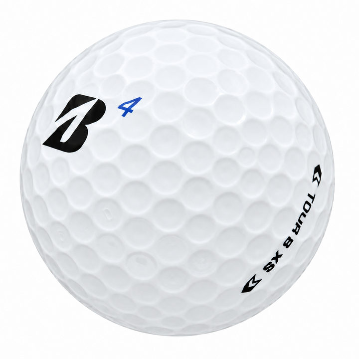 Bridgestone Tour B XS golf ball in white, showing the logo and number