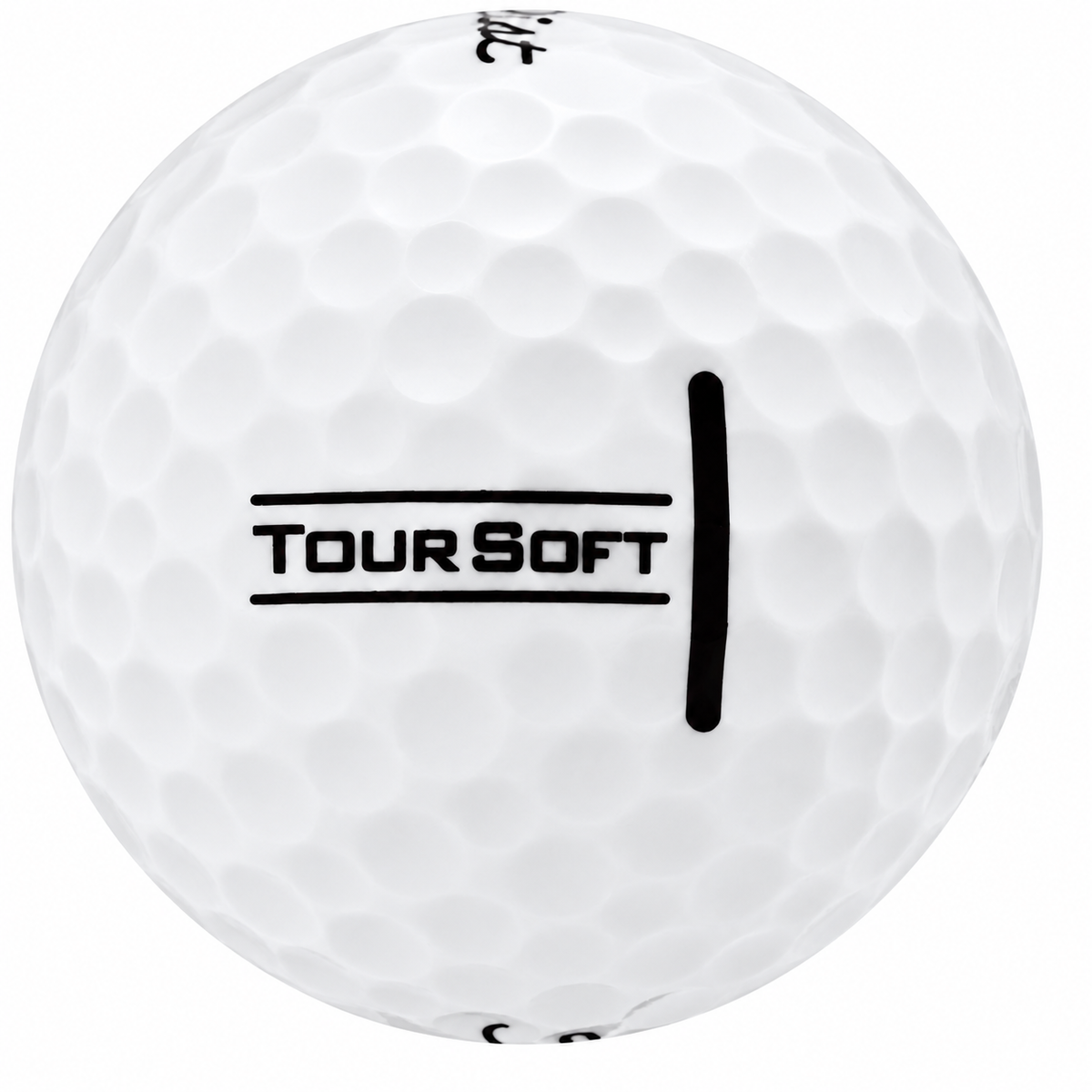 Titleist Tour Soft golf ball in white, showing the wide Tour Soft alignment stamp