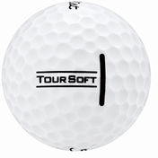 Titleist Tour Soft golf ball in white, showing the wide Tour Soft alignment stamp