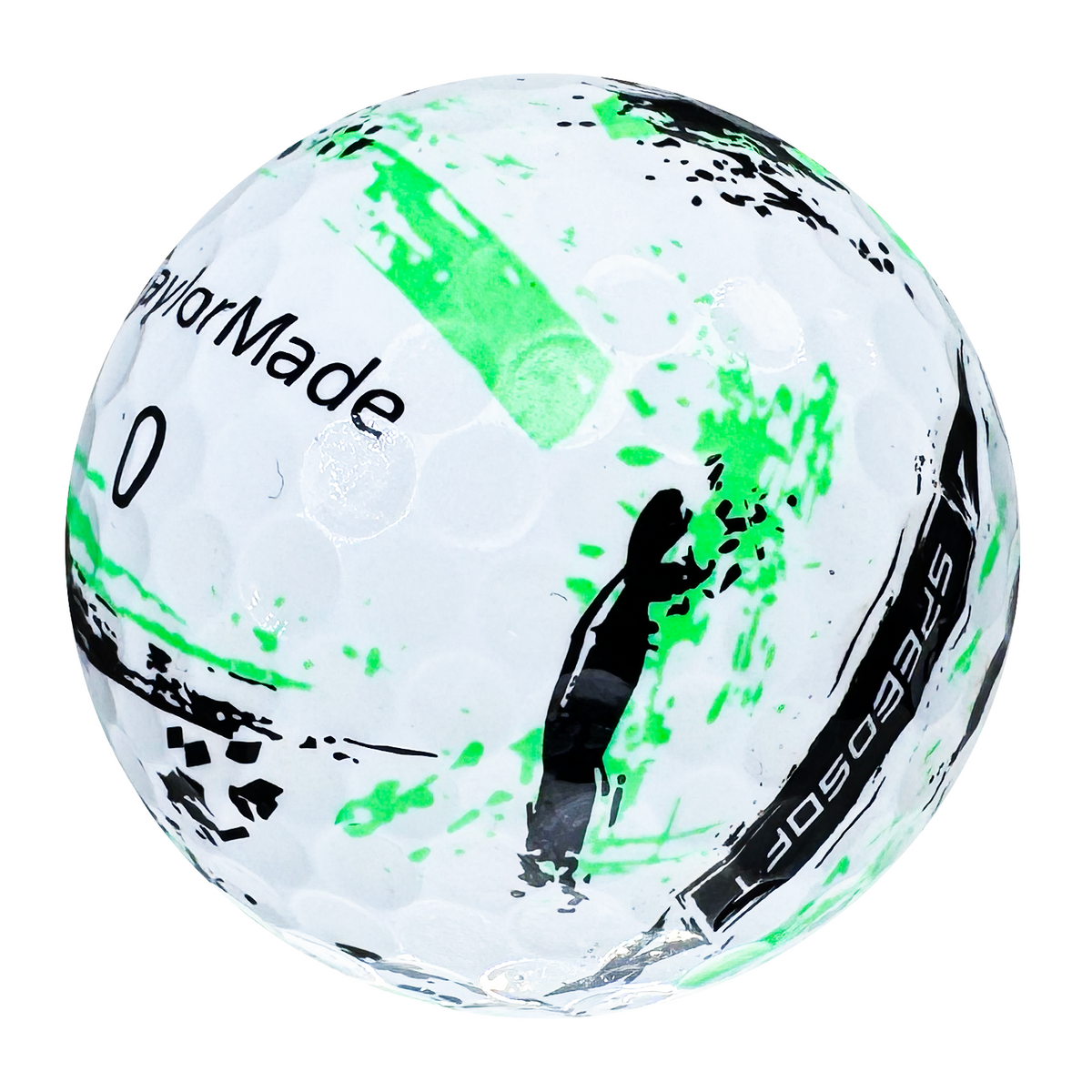 TaylorMade SpeedSoft Ink golf ball in white with a green ink splatter design