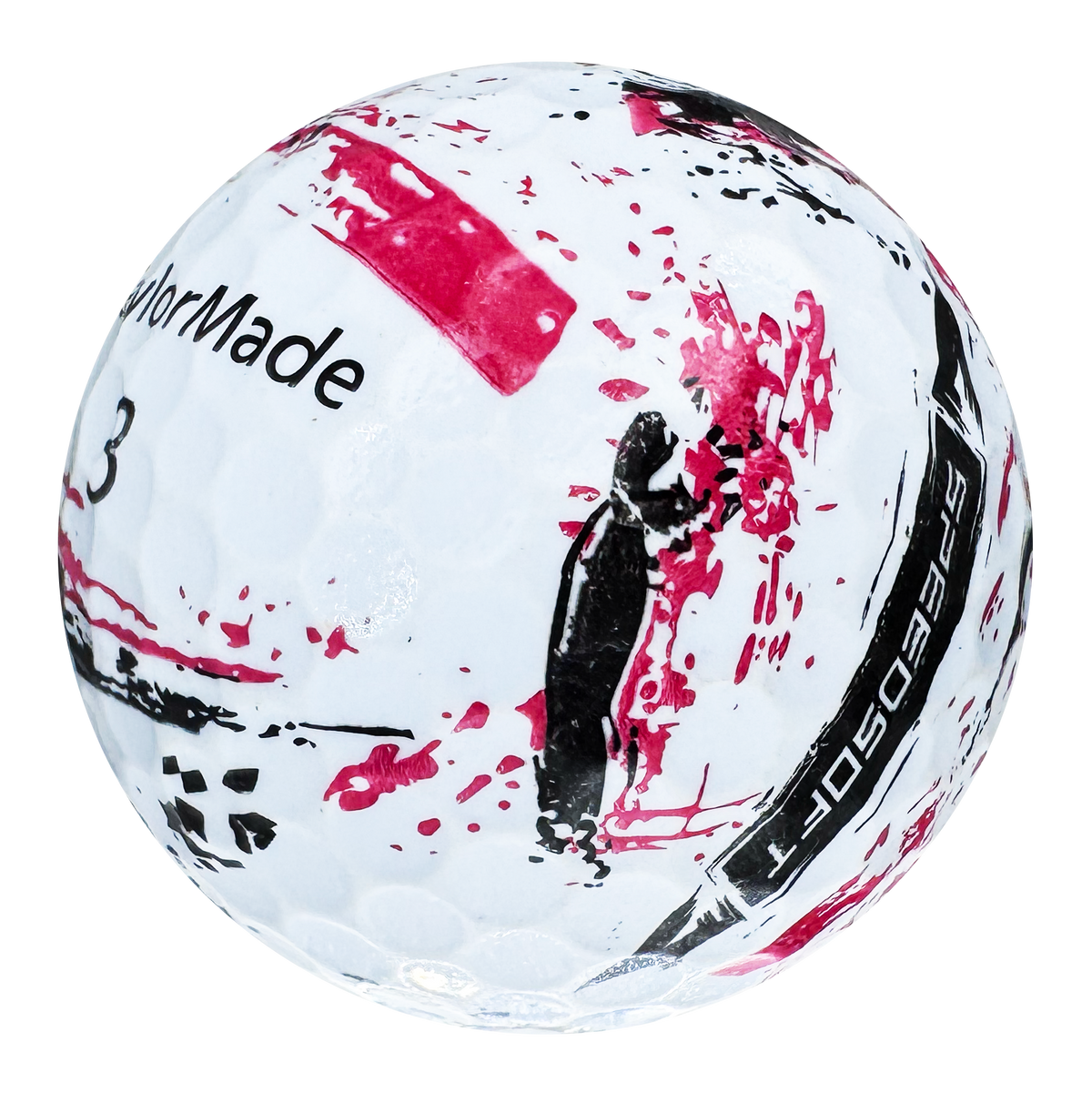 TaylorMade SpeedSoft Ink golf ball in white with a red ink splatter design