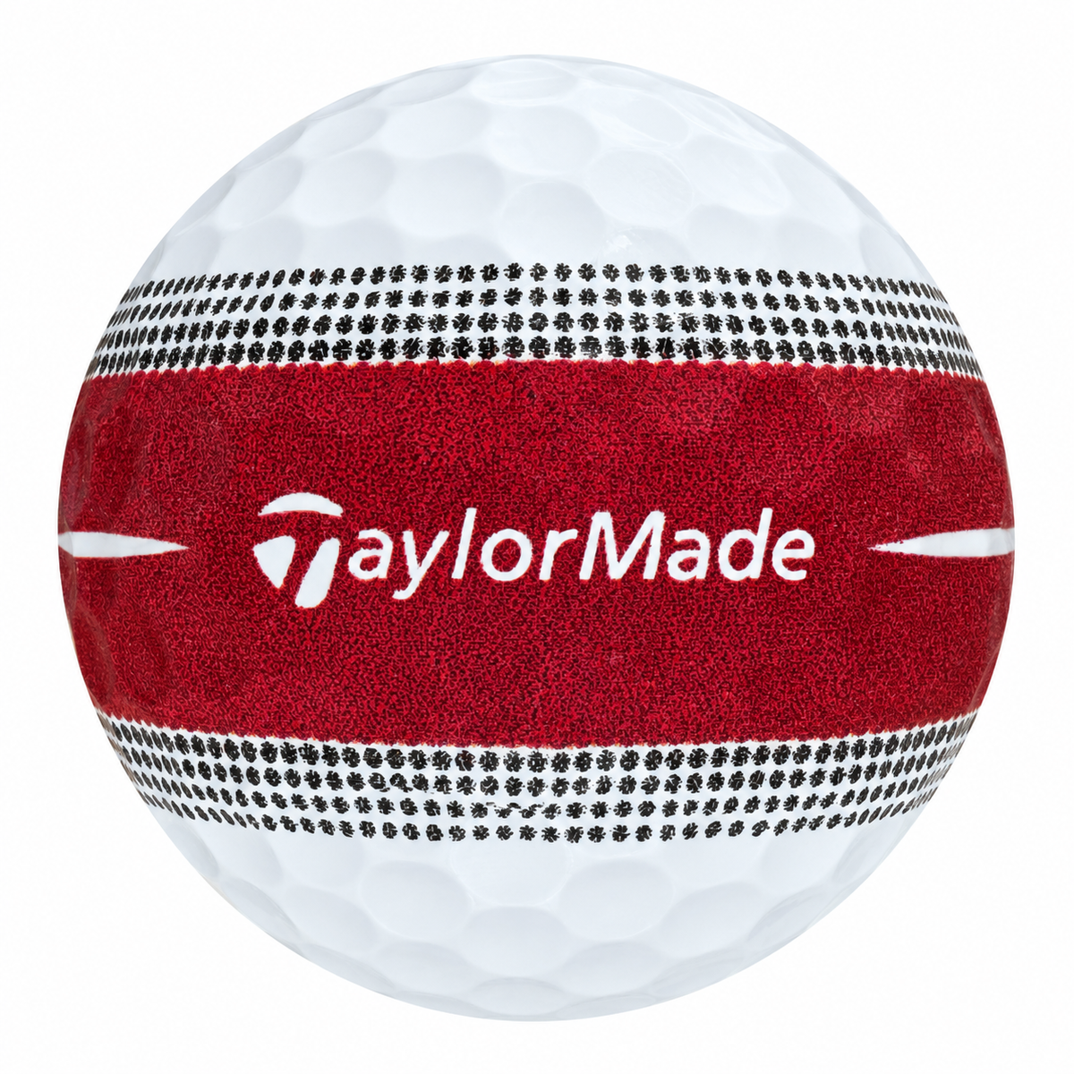 TaylorMade Tour Response Stripe golf ball with a maroon stripe