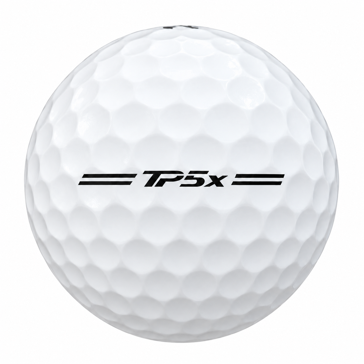 TaylorMade TP5x golf ball in white, showing the side stamp and alignment line