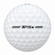 TaylorMade TP5x golf ball in white, showing the side stamp and alignment line