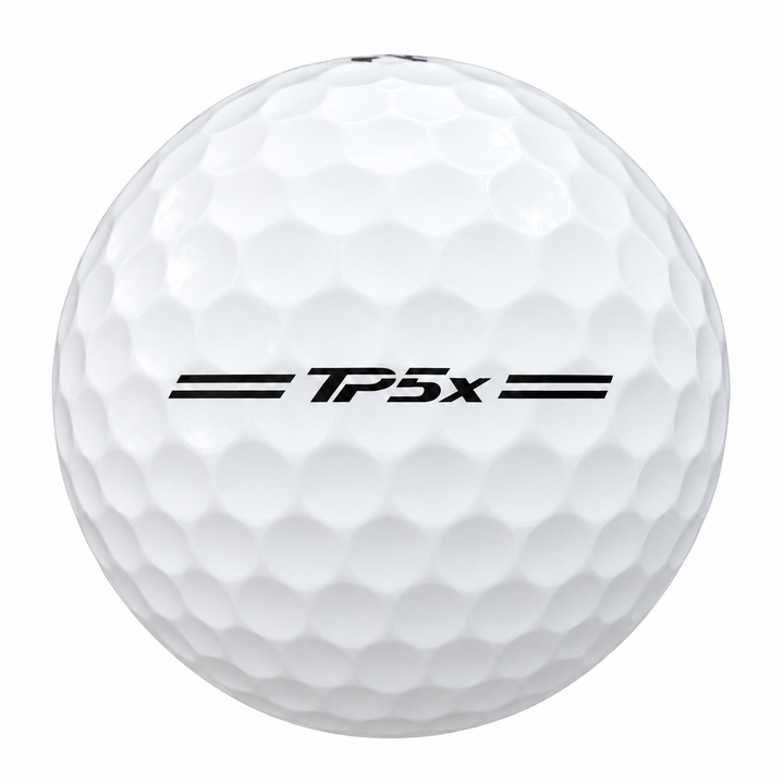 TaylorMade TP5x golf ball in white, showing the side stamp and alignment line