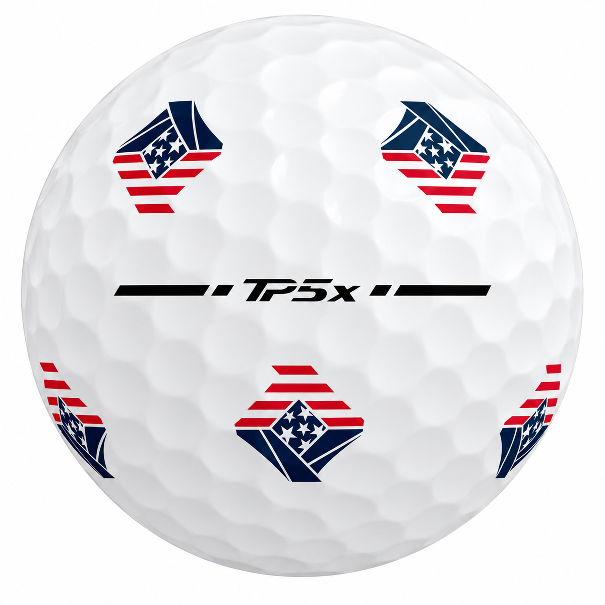 TaylorMade TP5x Pix golf ball with red, white and blue USA flag Pix graphics, showing the TP5x alignment stamp