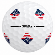 TaylorMade TP5x Pix golf ball with red, white and blue USA flag Pix graphics, showing the TP5x alignment stamp