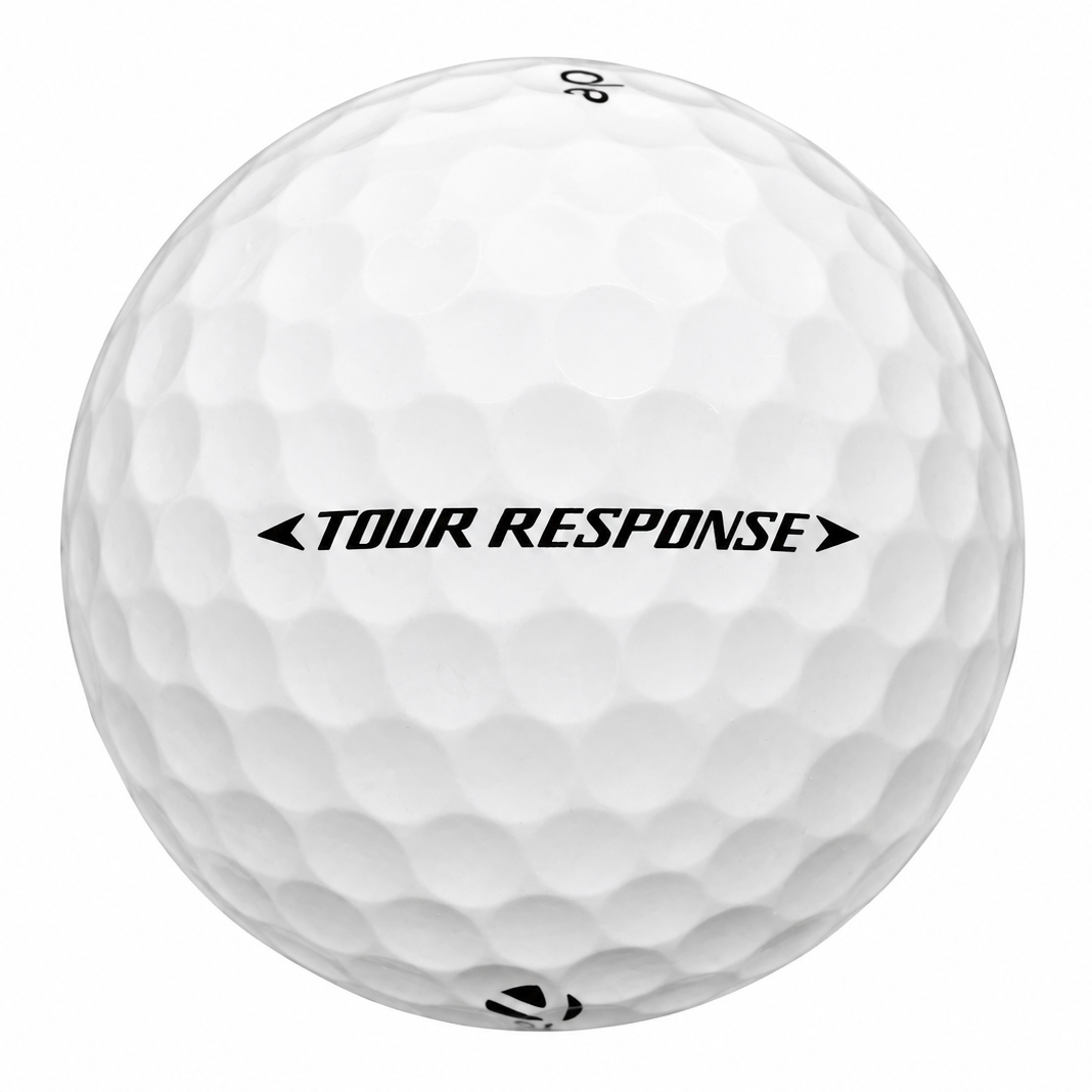 TaylorMade Tour Response golf ball in white, showing the side stamp and alignment line