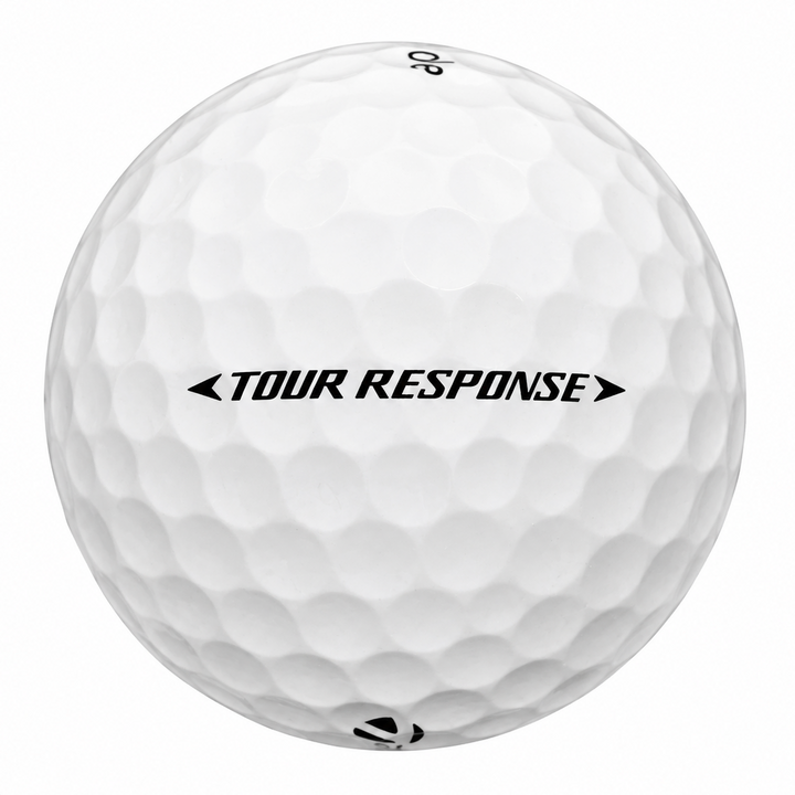 TaylorMade Tour Response golf ball in white, showing the side stamp and alignment line