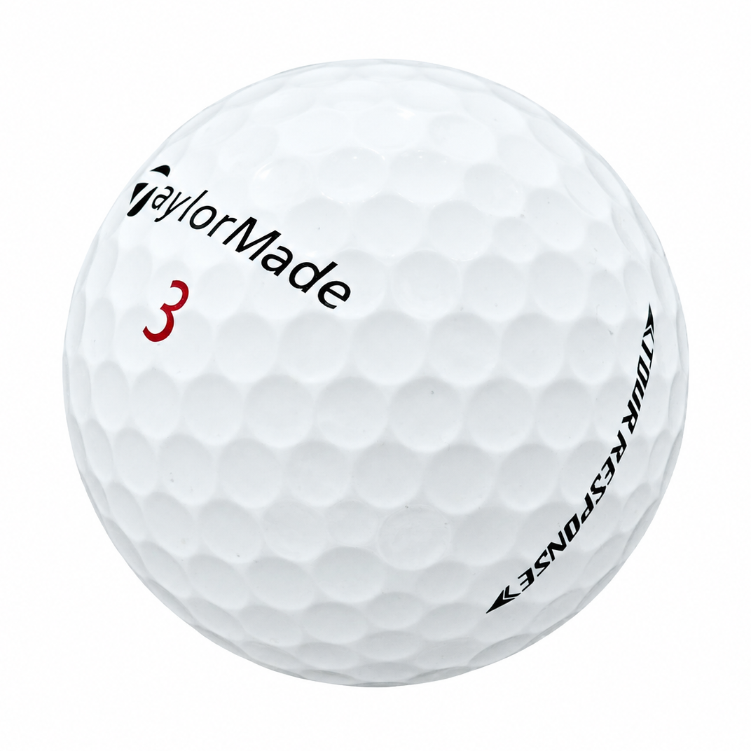 TaylorMade Tour Response golf ball in white, showing the logo and number