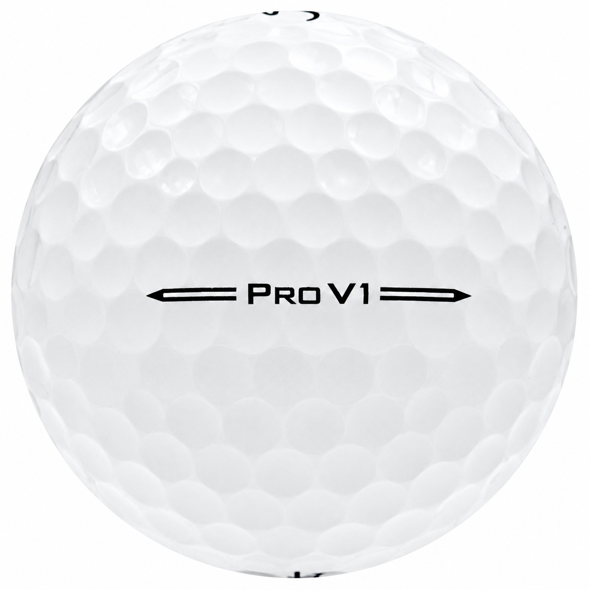 Titleist Pro V1 golf ball in white, showing the side stamp and alignment line