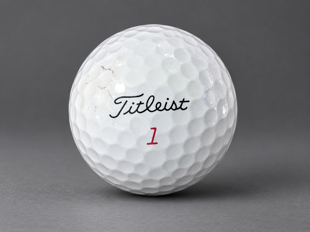 Used Titleist golf ball with faint marks on a graphite tabletop