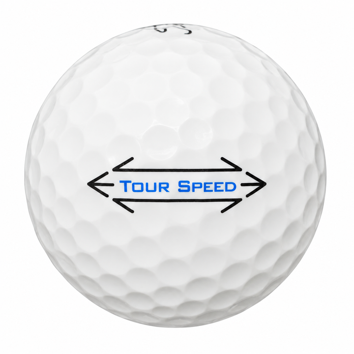Titleist Tour Speed golf ball in white, showing the side stamp and alignment line