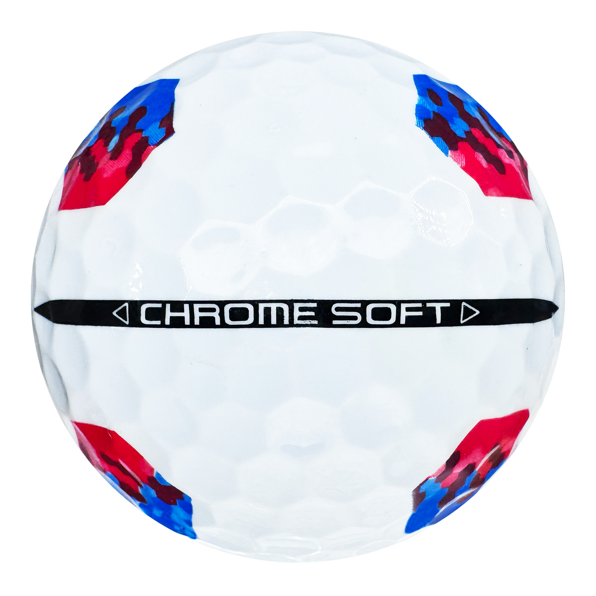 Callaway Chrome Soft Truvis golf ball in white with red and blue panels, showing the alignment stamp