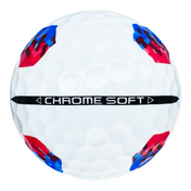 Callaway Chrome Soft Truvis golf ball in white with red and blue panels, showing the alignment stamp