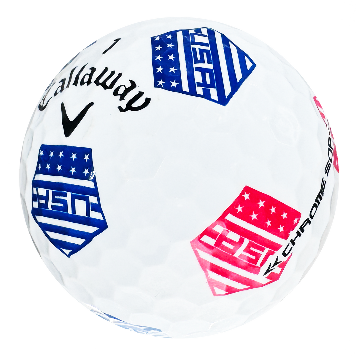 Callaway Chrome Soft Truvis golf ball in white with red, white and blue USA flag panels