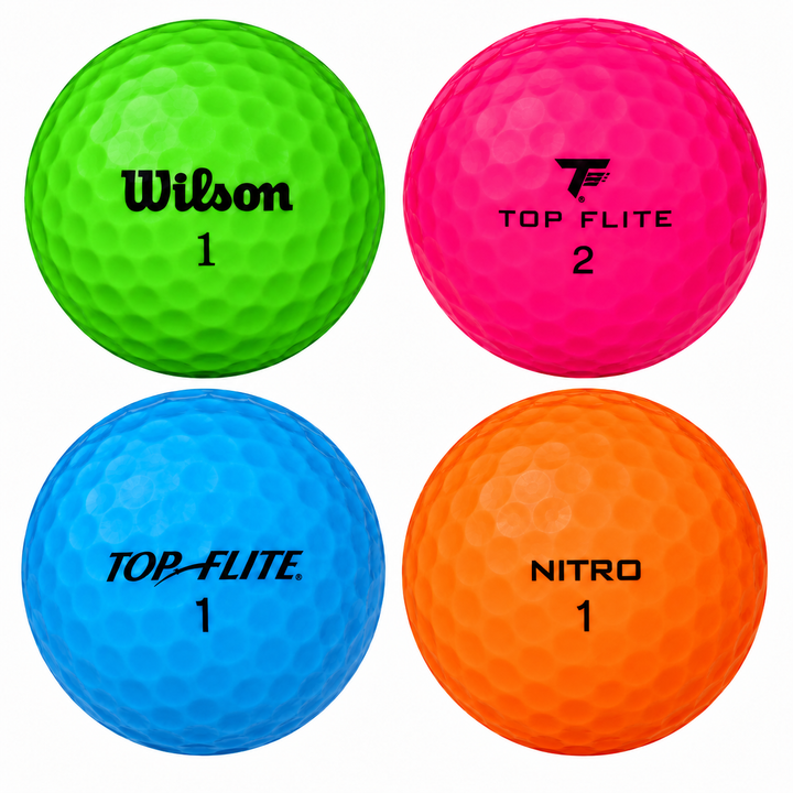 Four assorted color golf balls: green Wilson, pink Top Flite, blue Top Flite and orange Nitro