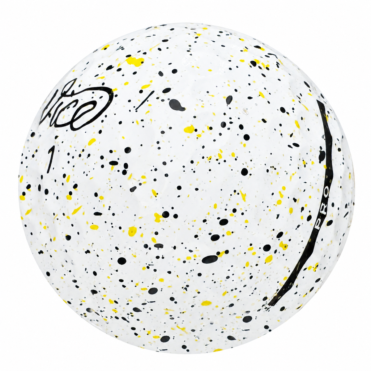 Vice Pro Drip golf ball in white with yellow and black paint splatter