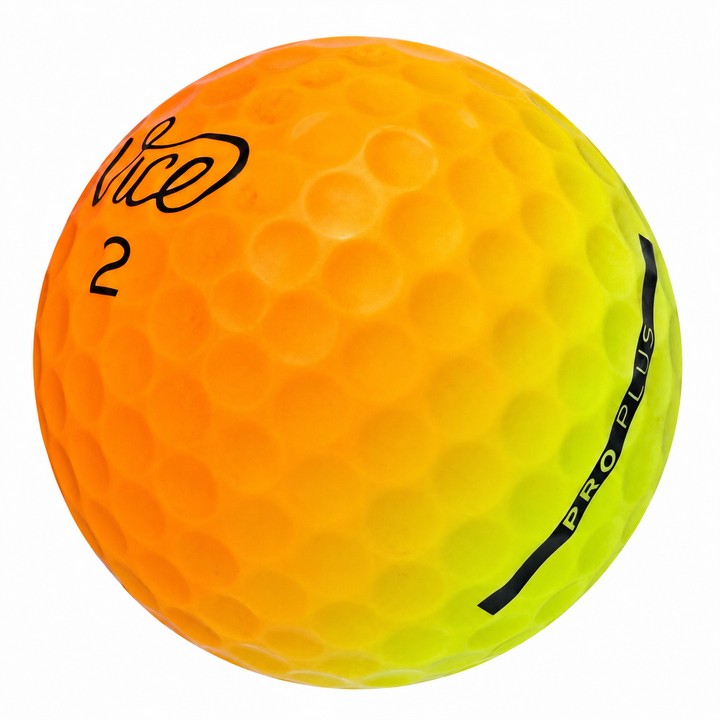 Vice Pro Plus golf ball with an orange to yellow sunset gradient