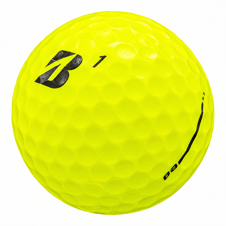 Bridgestone e6 golf ball in yellow, showing the logo and number