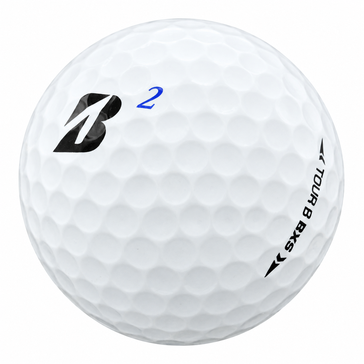 Bridgestone Tour B RXS golf ball in white, showing the logo and number