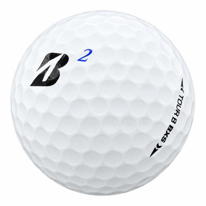 Bridgestone Tour B RXS golf ball in white, showing the logo and number
