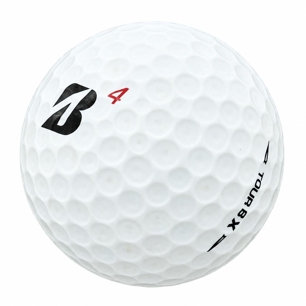 Bridgestone Tour B X golf ball in white, showing the logo and number