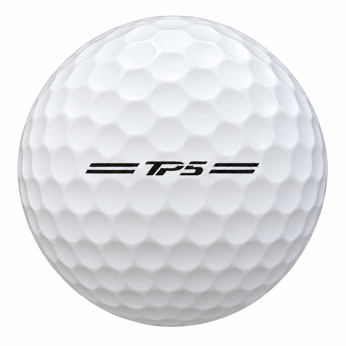 TaylorMade TP5 golf ball in white, showing the side stamp and alignment line