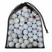 Black mesh drawstring bag filled with assorted white value-brand golf balls